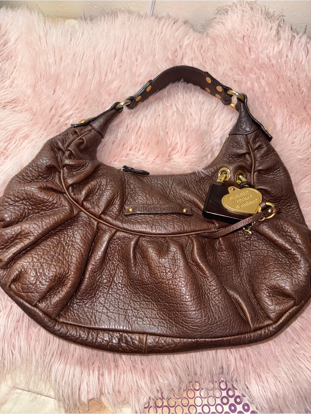 Juicy Couture Brown Pebbled Leather Hobo with Gold Heart Charm